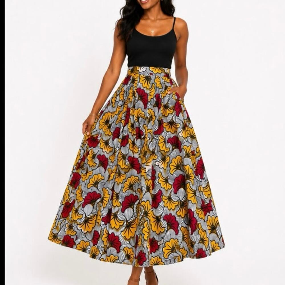 Francis + Benedict Yellow Red Floral Maxi Midi Skirt Size Medium